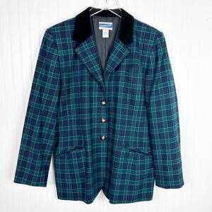 Vintage Pendleton Wool‎ Tartan Plaid Navy Green Button Front Blazer Jacket 14